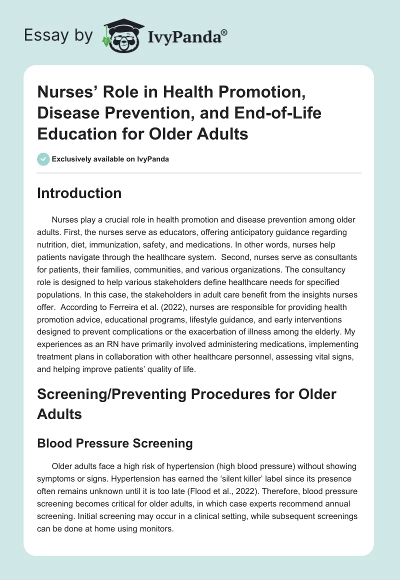 Nurses’ Role in Health Promotion, Disease Prevention, and End-of-Life Education for Older Adults. Page 1