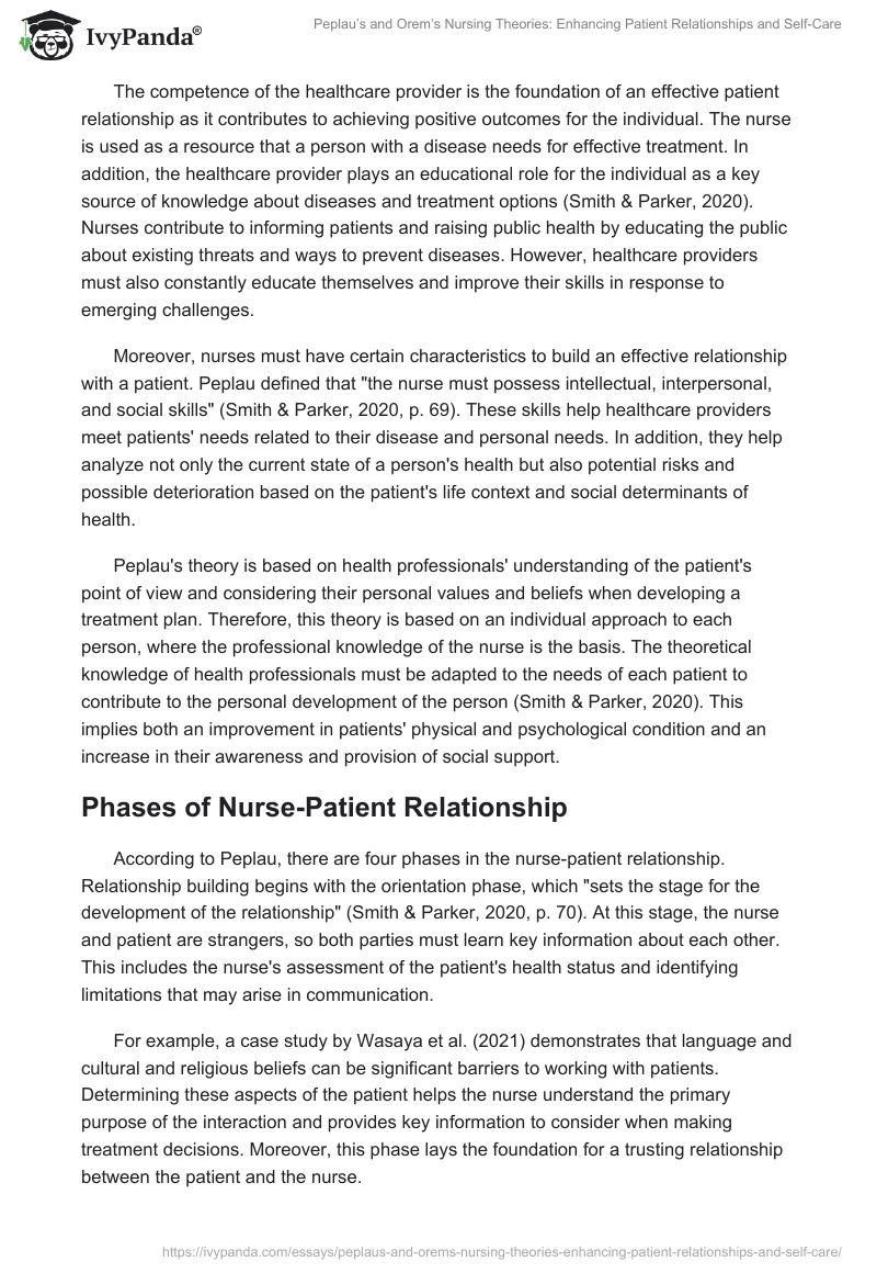 Peplau’s and Orem’s Nursing Theories: Enhancing Patient Relationships and Self-Care. Page 2