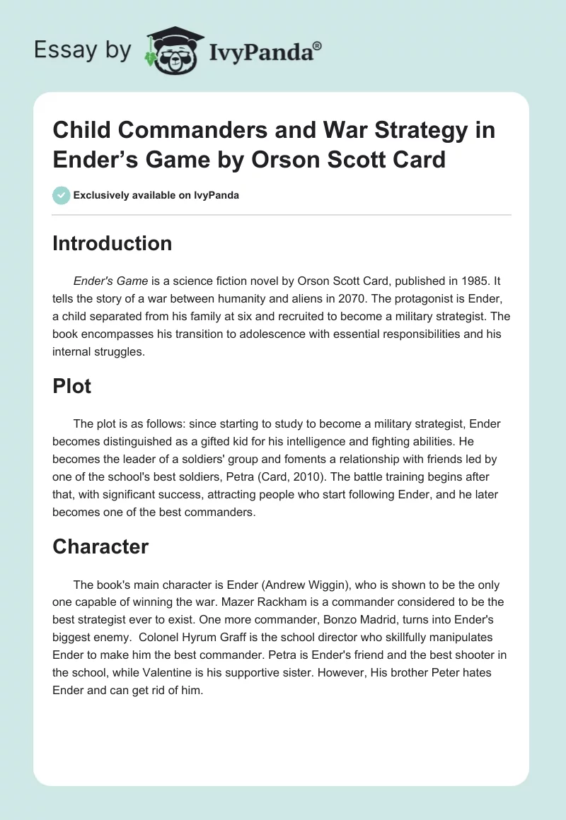 Child Commanders and War Strategy in Ender’s Game by Orson Scott Card. Page 1