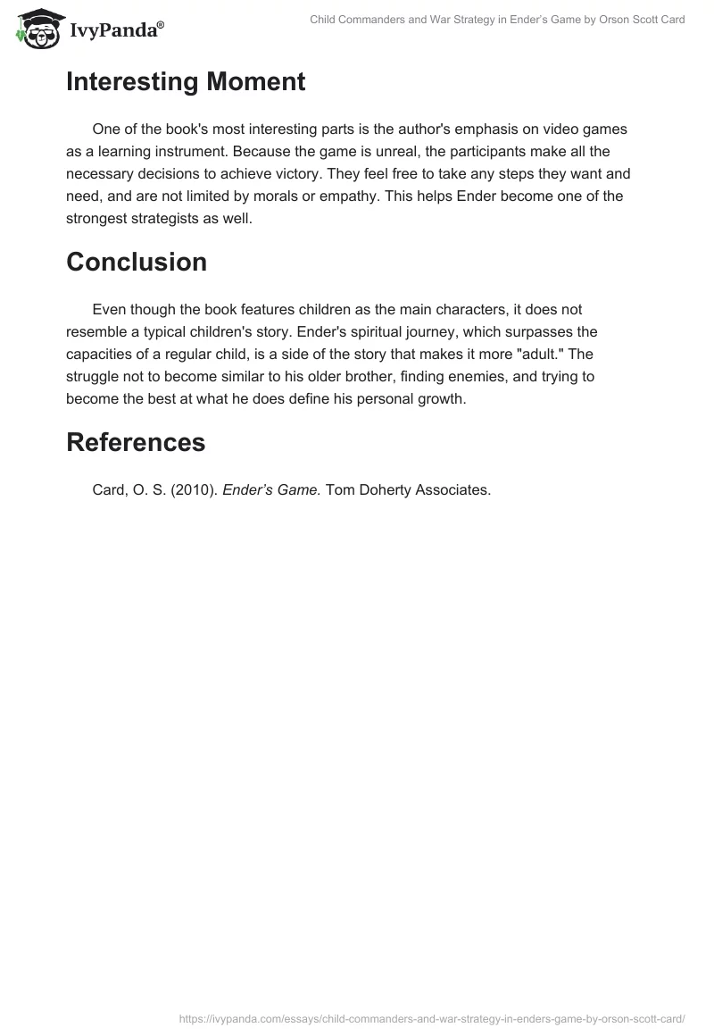 Child Commanders and War Strategy in Ender’s Game by Orson Scott Card. Page 2