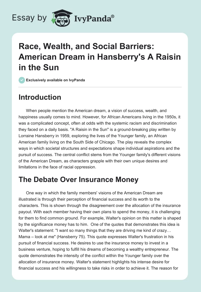 Race, Wealth, and Social Barriers: American Dream in Hansberry's "A Raisin in the Sun". Page 1