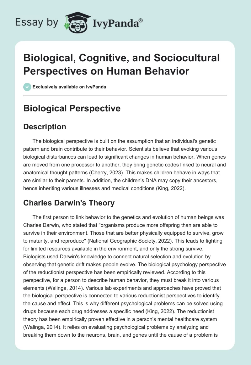 Biological, Cognitive, and Sociocultural Perspectives on Human Behavior. Page 1