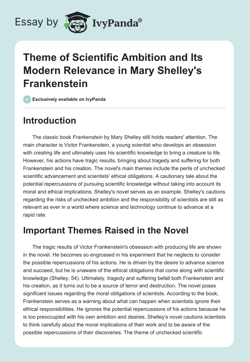 Theme of Scientific Ambition and Its Modern Relevance in Mary Shelley's "Frankenstein". Page 1