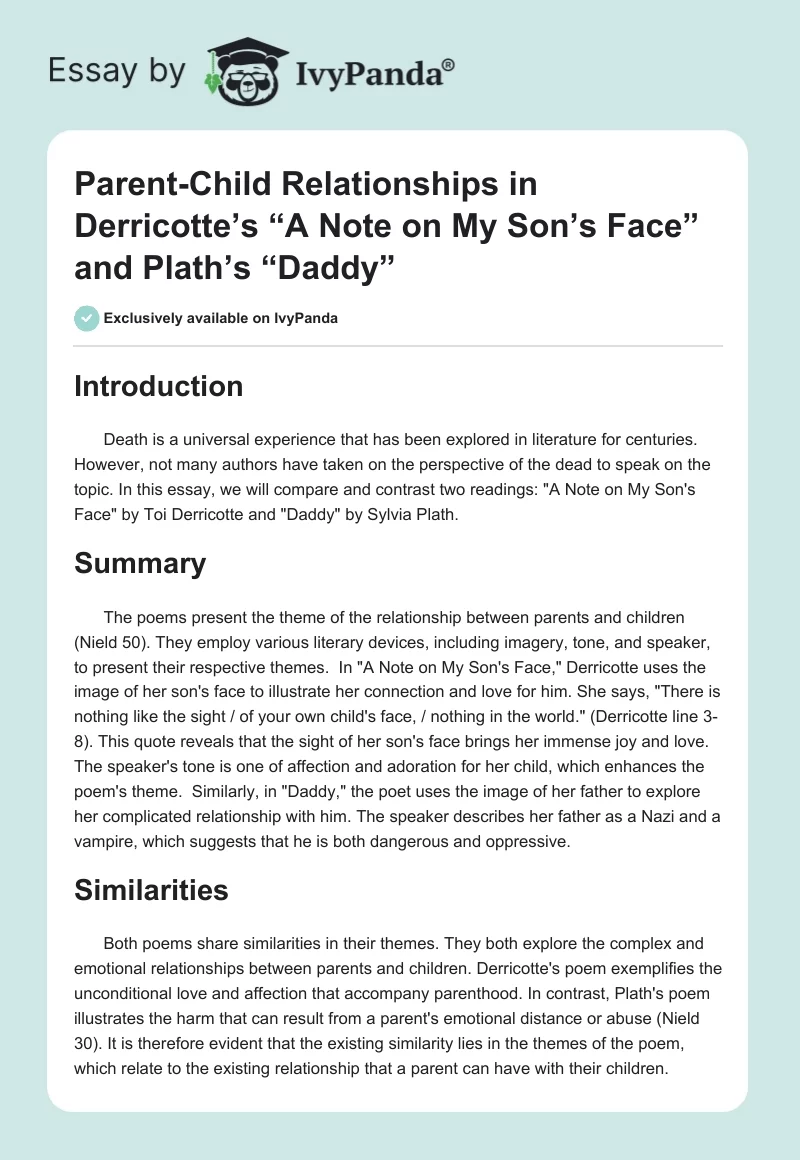 Parent-Child Relationships in Derricotte’s “A Note on My Son’s Face” and Plath’s “Daddy”. Page 1