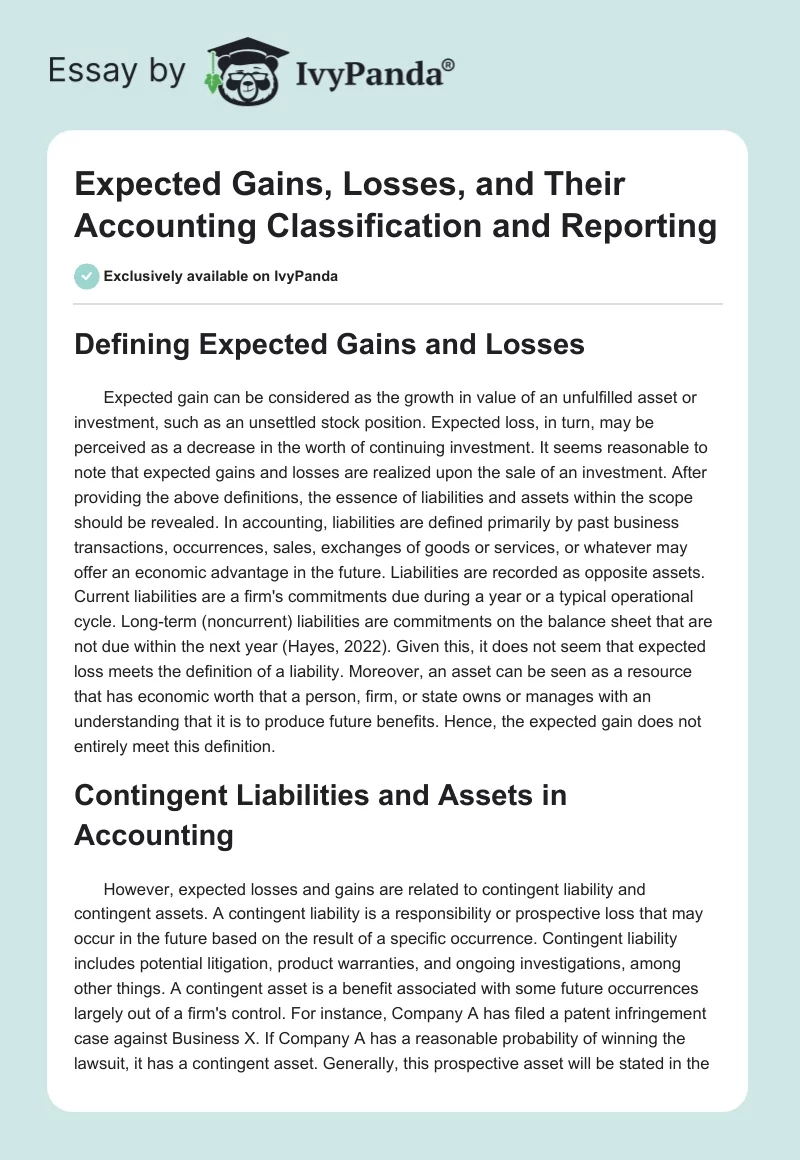 Expected Gains, Losses, and Their Accounting Classification and Reporting. Page 1