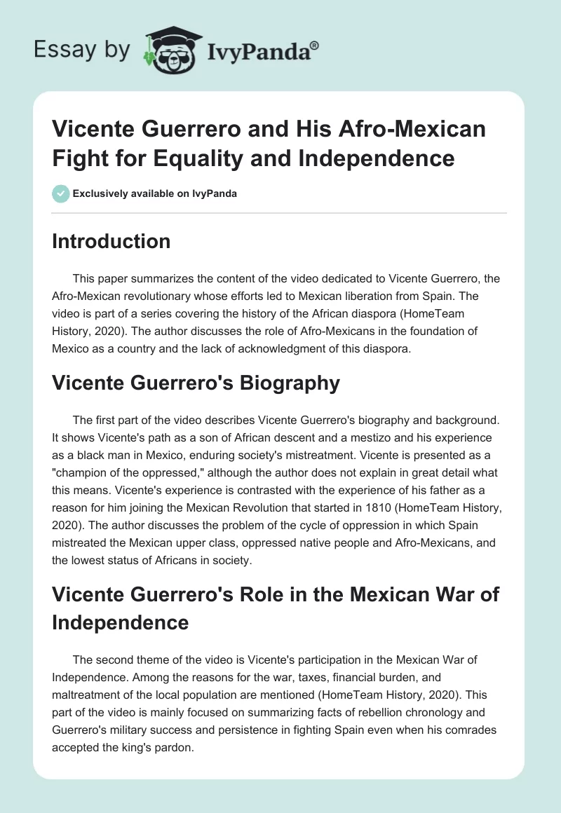 Vicente Guerrero and His Afro-Mexican Fight for Equality and Independence. Page 1