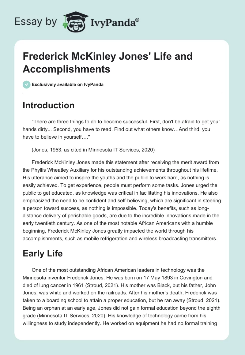 Frederick McKinley Jones' Life and Accomplishments. Page 1