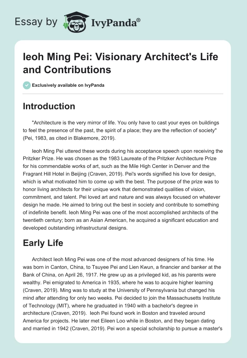 Ieoh Ming Pei: Visionary Architect's Life and Contributions. Page 1