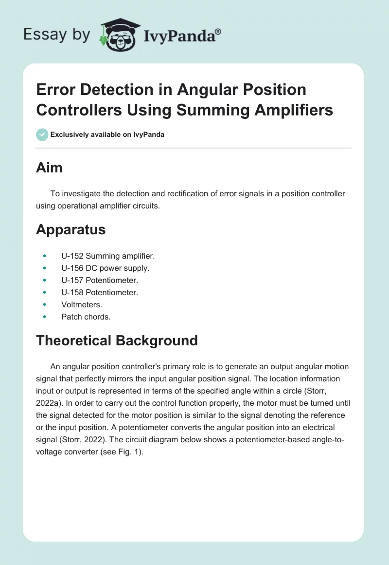Error Detection in Angular Position Controllers Using Summing Amplifiers. Page 1