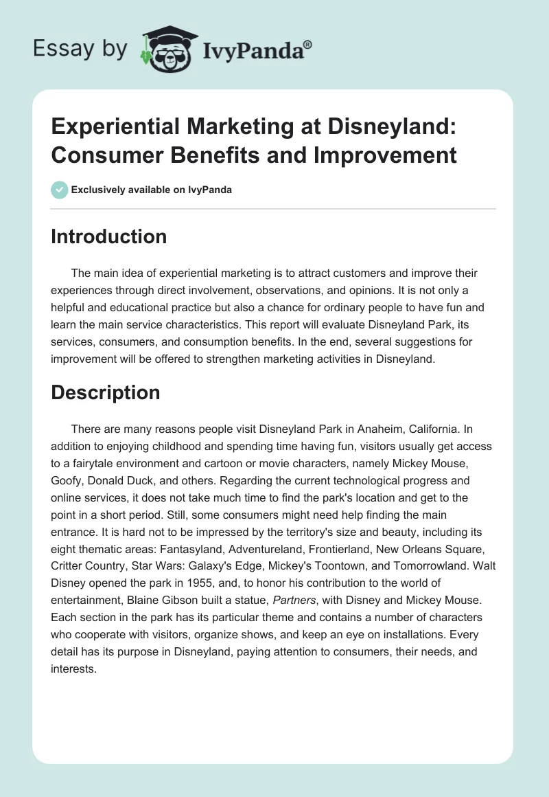 Experiential Marketing at Disneyland: Consumer Benefits and Improvement. Page 1
