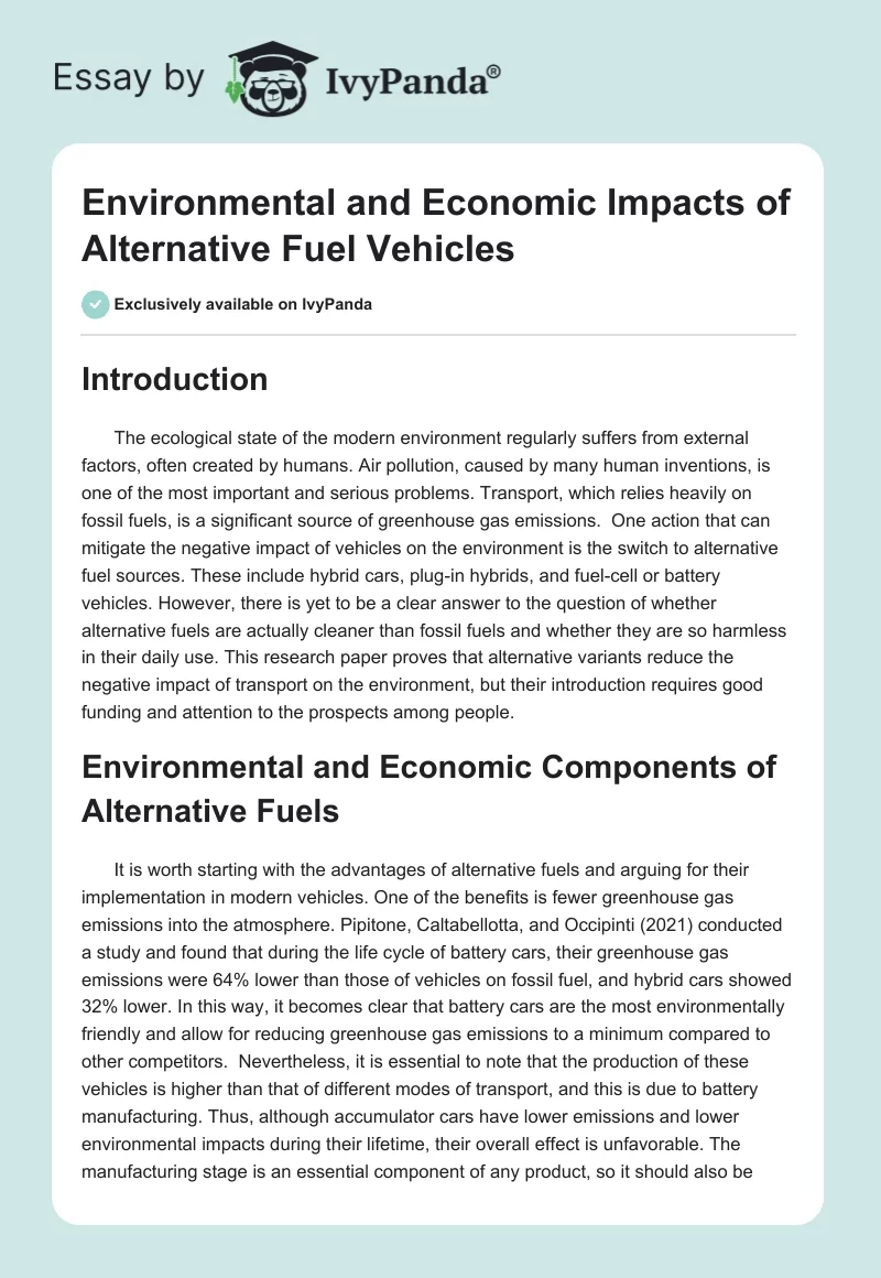 Environmental and Economic Impacts of Alternative Fuel Vehicles. Page 1