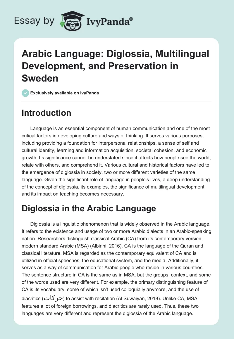 Arabic Language: Diglossia, Multilingual Development, and Preservation in Sweden. Page 1