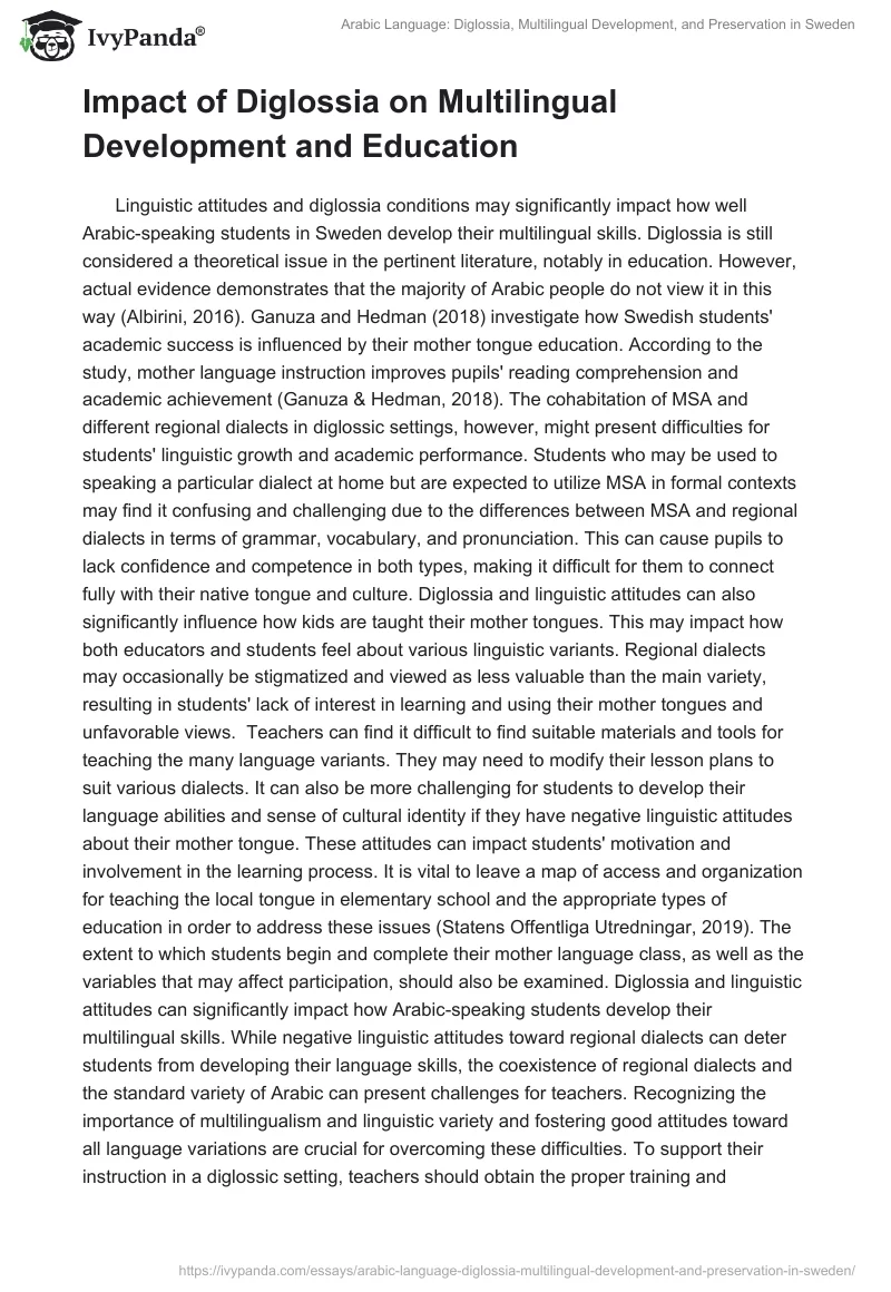 Arabic Language: Diglossia, Multilingual Development, and Preservation in Sweden. Page 2