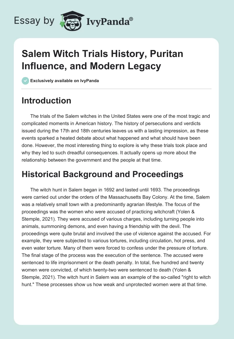 Salem Witch Trials History, Puritan Influence, and Modern Legacy. Page 1