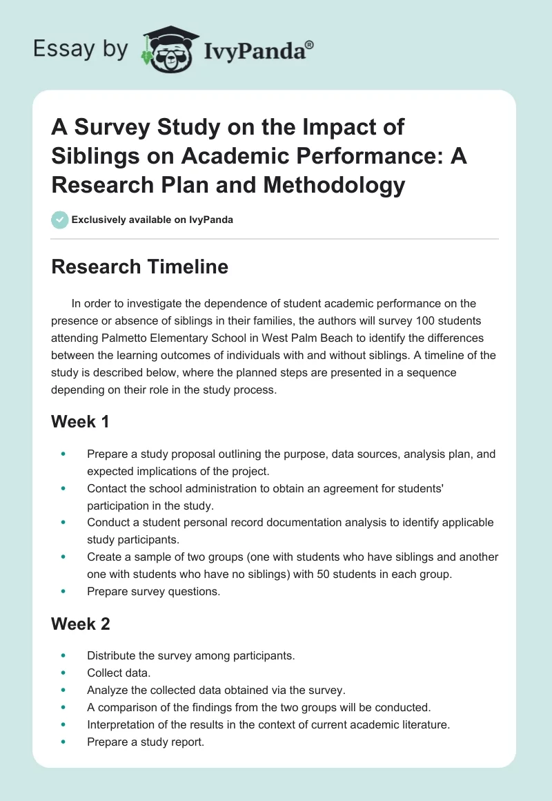 A Survey Study on the Impact of Siblings on Academic Performance: A Research Plan and Methodology. Page 1