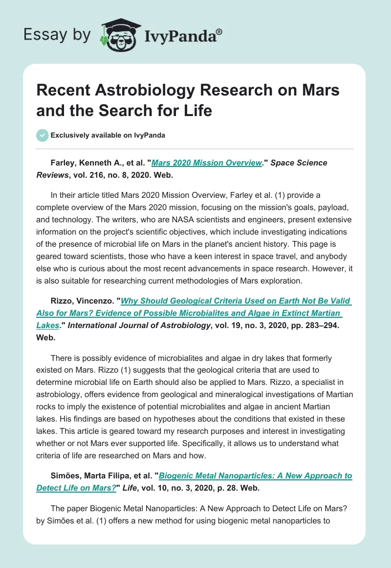 Recent Astrobiology Research on Mars and the Search for Life. Page 1