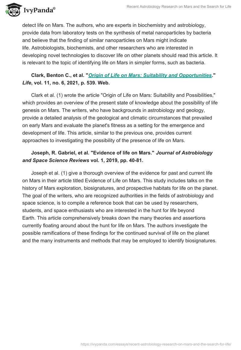 Recent Astrobiology Research on Mars and the Search for Life. Page 2