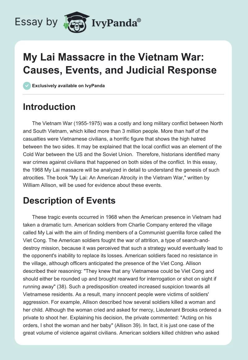 My Lai Massacre in the Vietnam War: Causes, Events, and Judicial Response. Page 1