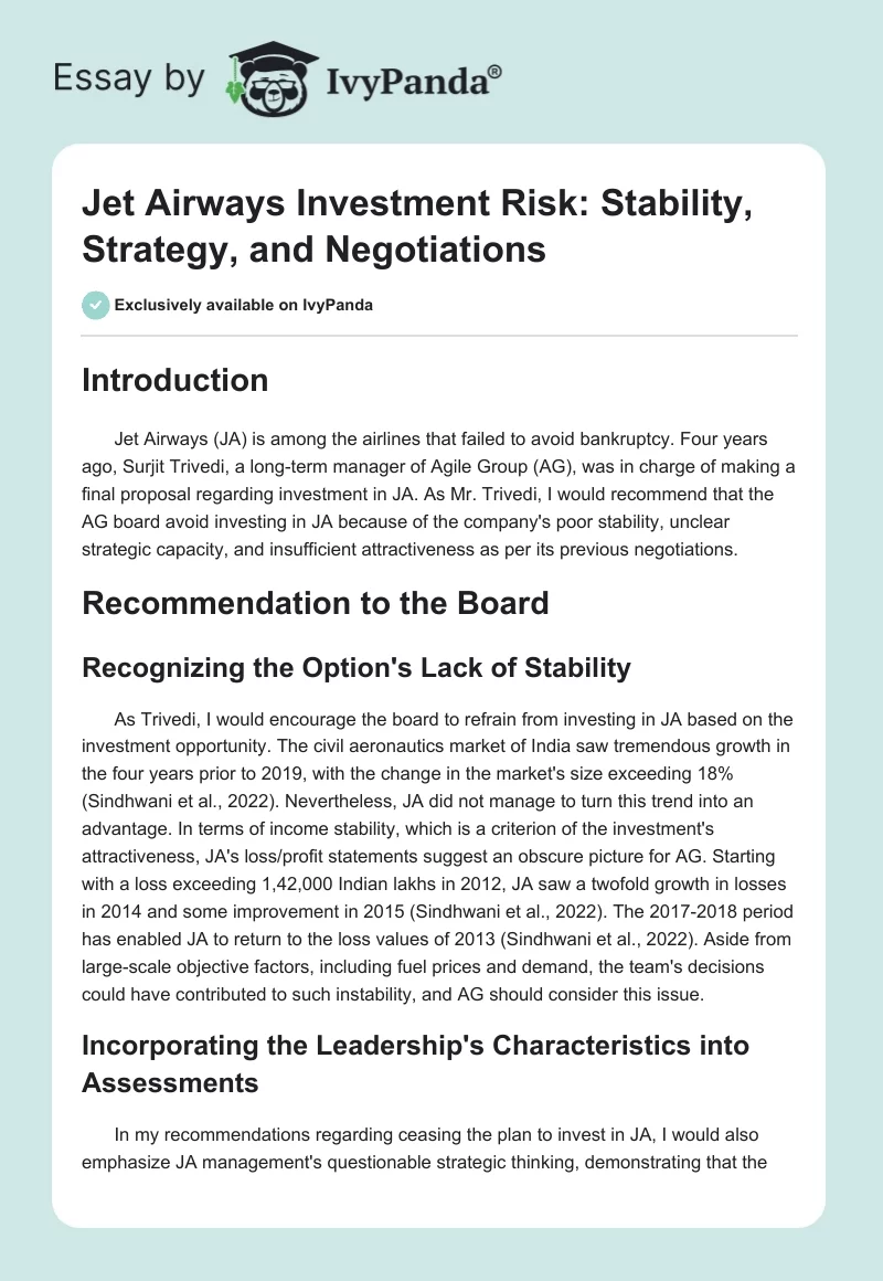 Jet Airways Investment Risk: Stability, Strategy, and Negotiations. Page 1