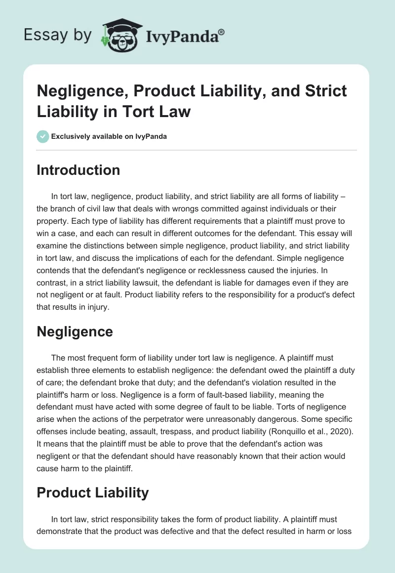 Negligence, Product Liability, and Strict Liability in Tort Law. Page 1