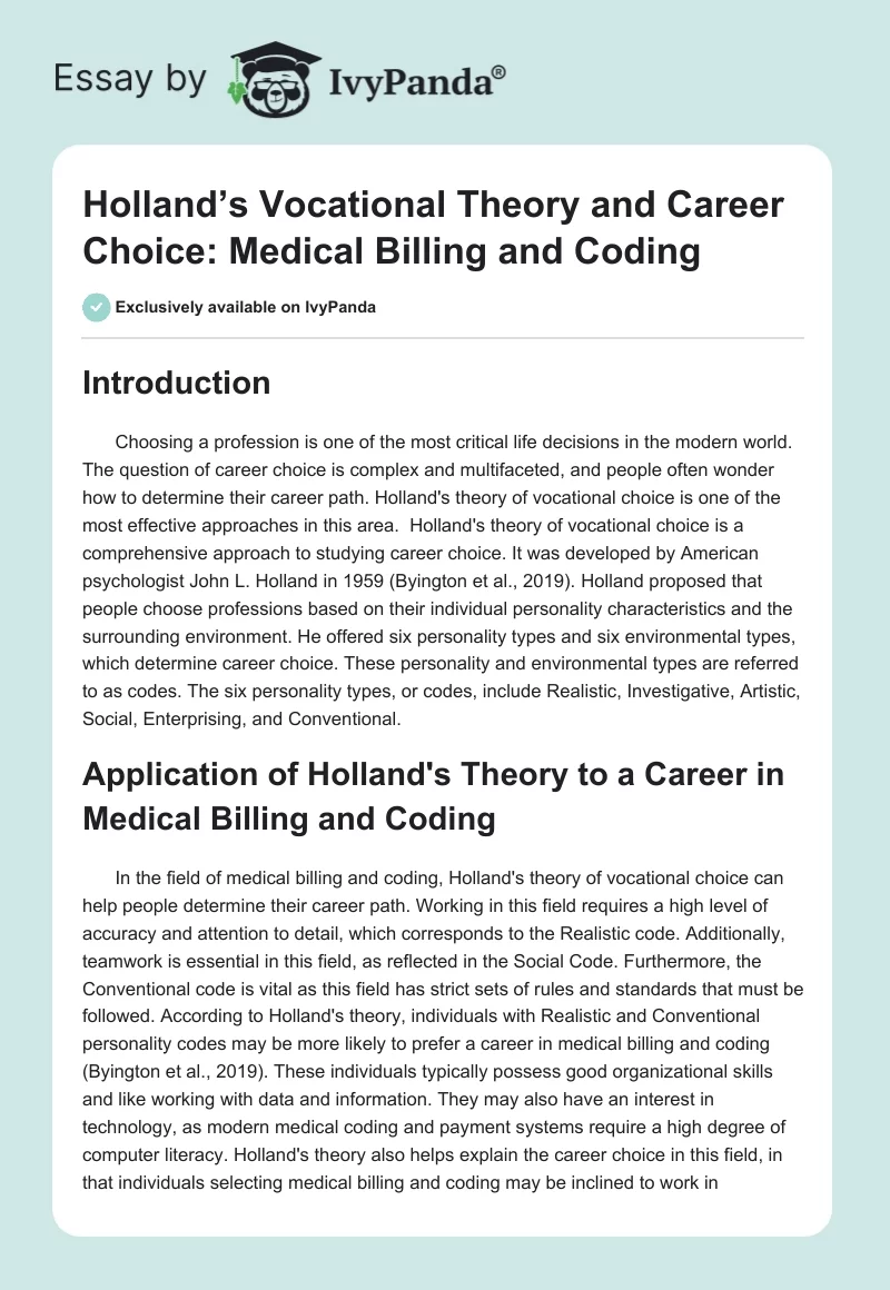 Holland’s Vocational Theory and Career Choice: Medical Billing and Coding. Page 1