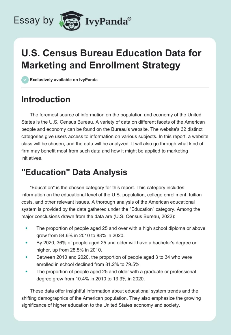 U.S. Census Bureau Education Data for Marketing and Enrollment Strategy. Page 1