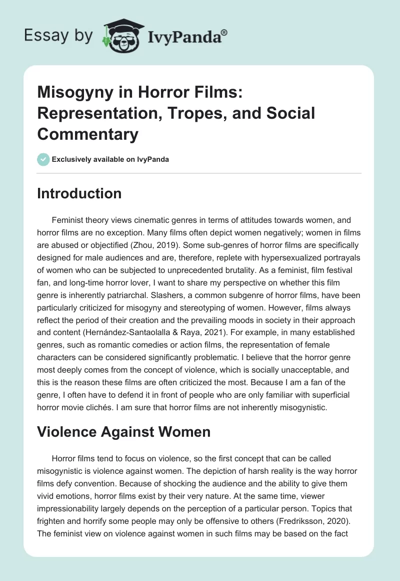 Misogyny in Horror Films: Representation, Tropes, and Social Commentary. Page 1