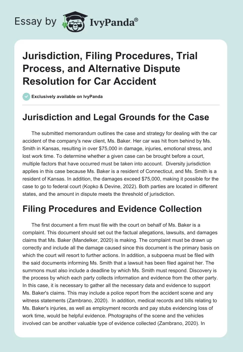 Jurisdiction, Filing Procedures, Trial Process, and Alternative Dispute Resolution for Car Accident. Page 1