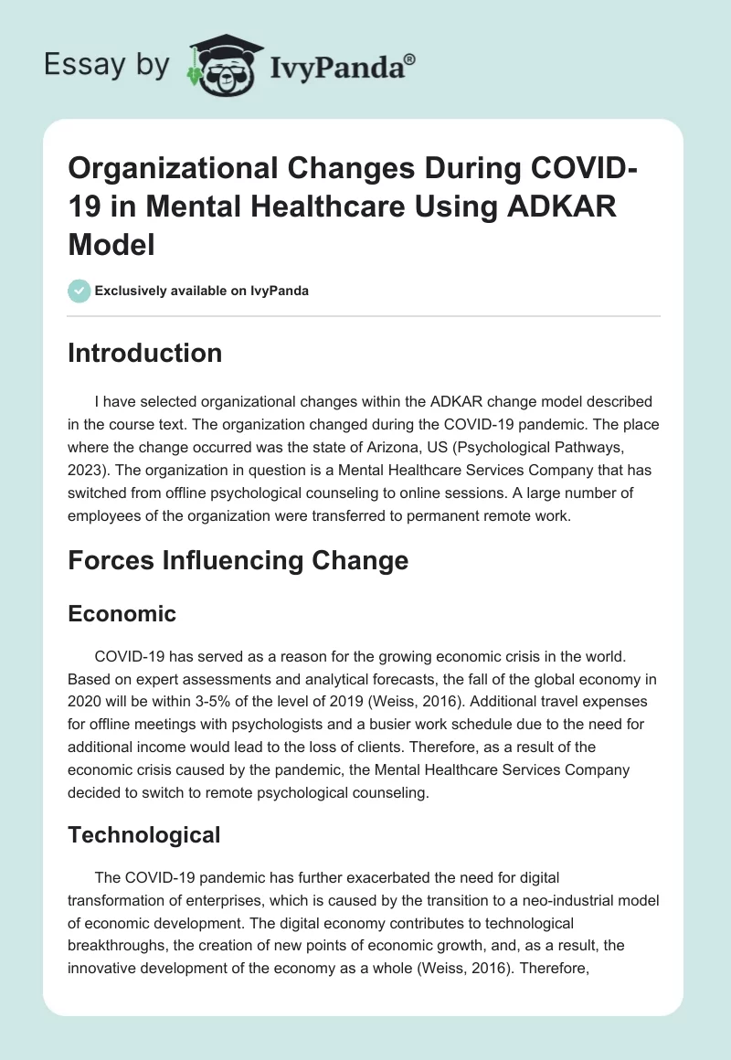 Organizational Changes During COVID-19 in Mental Healthcare Using ADKAR Model. Page 1