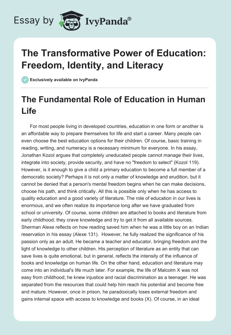 The Transformative Power of Education: Freedom, Identity, and Literacy. Page 1
