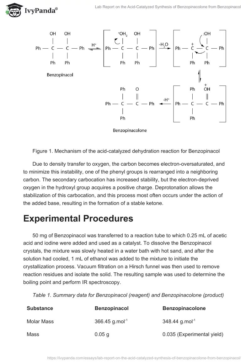 Lab Report on the Acid-Catalyzed Synthesis of Benzopinacolone from Benzopinacol. Page 2