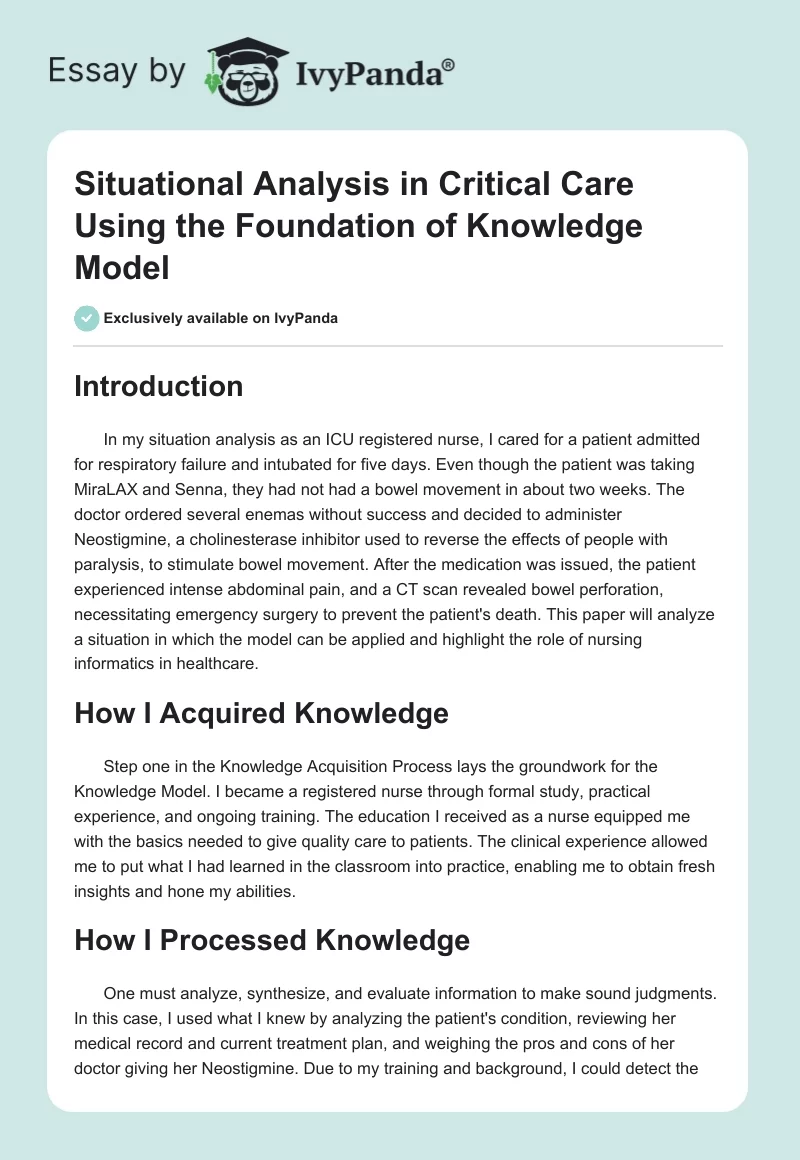 Situational Analysis in Critical Care Using the Foundation of Knowledge Model. Page 1