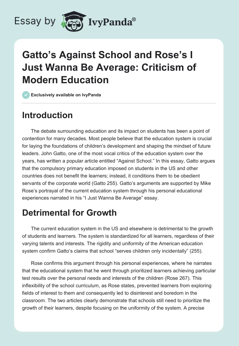 Gatto’s Against School and Rose’s I Just Wanna Be Average: Criticism of Modern Education. Page 1