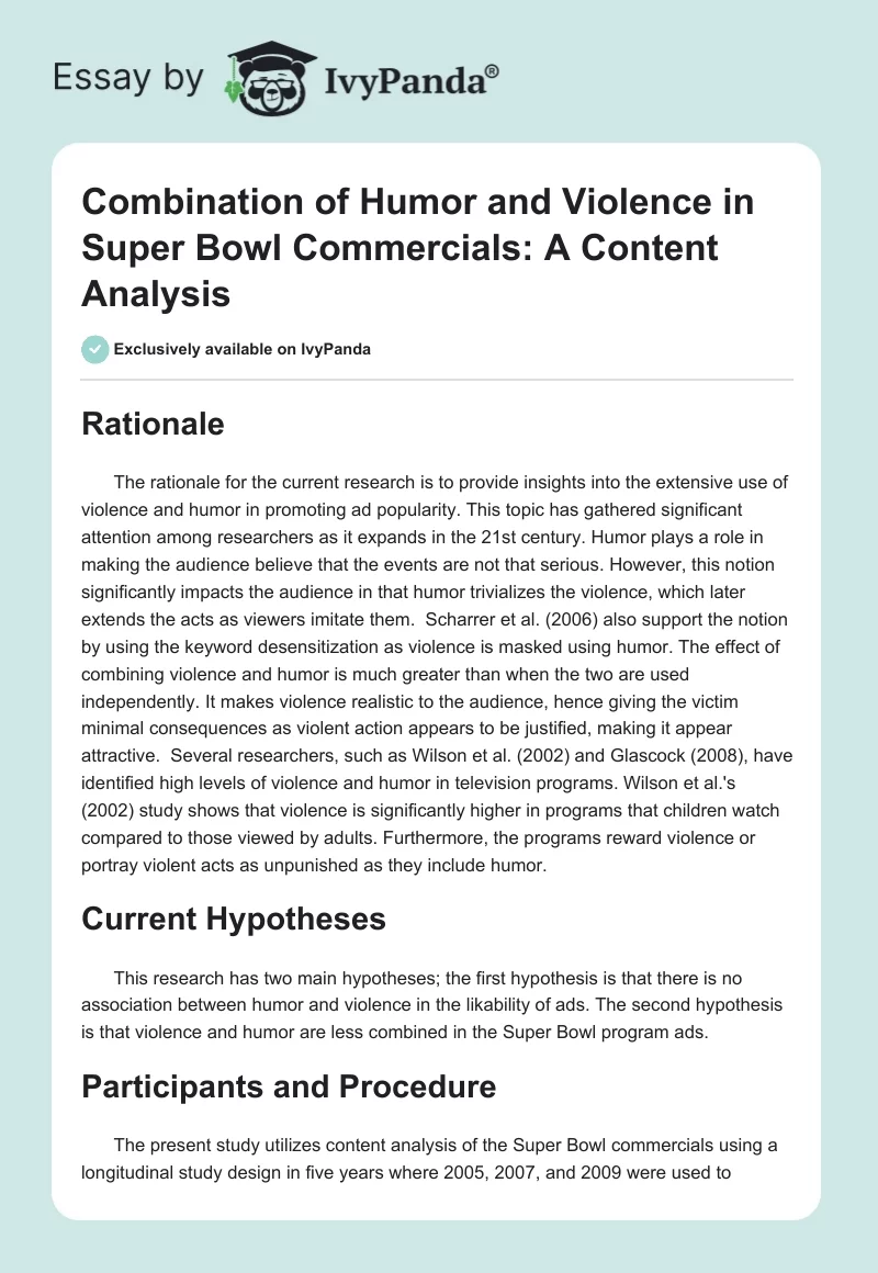 Combination of Humor and Violence in Super Bowl Commercials: A Content Analysis. Page 1