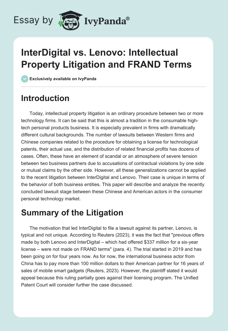 InterDigital vs. Lenovo: Intellectual Property Litigation and FRAND Terms. Page 1