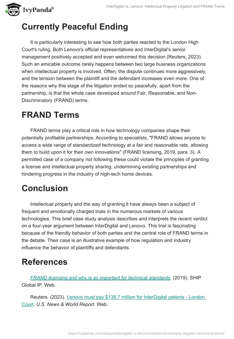 InterDigital vs. Lenovo: Intellectual Property Litigation and FRAND Terms. Page 2