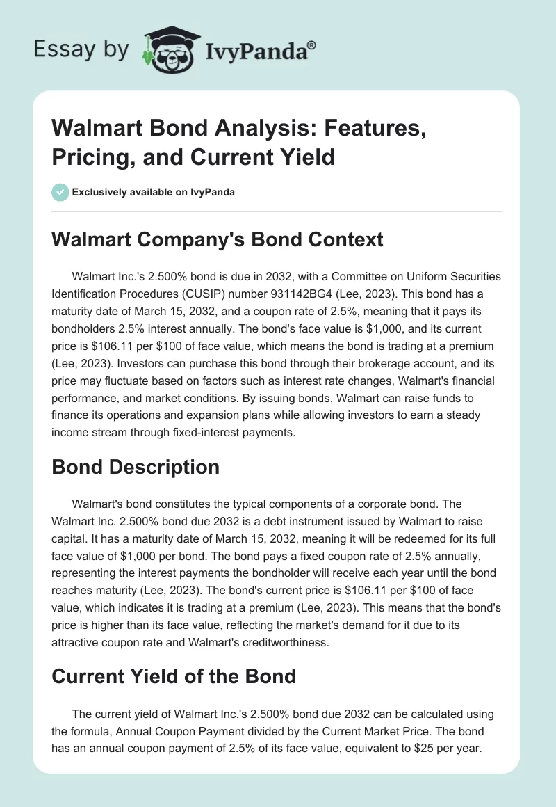 Walmart Bond Analysis: Features, Pricing, and Current Yield. Page 1