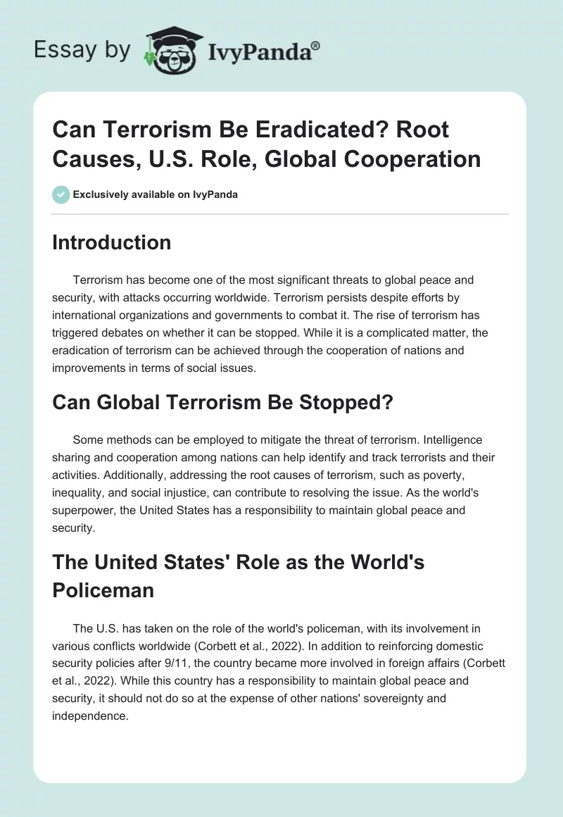 Can Terrorism Be Eradicated? Root Causes, U.S. Role, Global Cooperation. Page 1