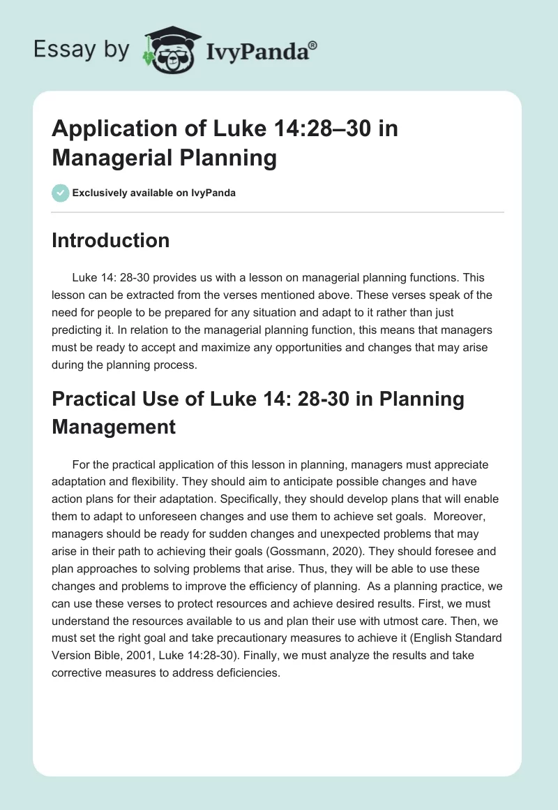 Application of Luke 14:28–30 in Managerial Planning. Page 1