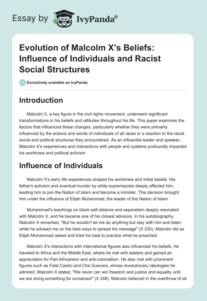 Evolution of Malcolm X’s Beliefs: Influence of Individuals and Racist Social Structures. Page 1