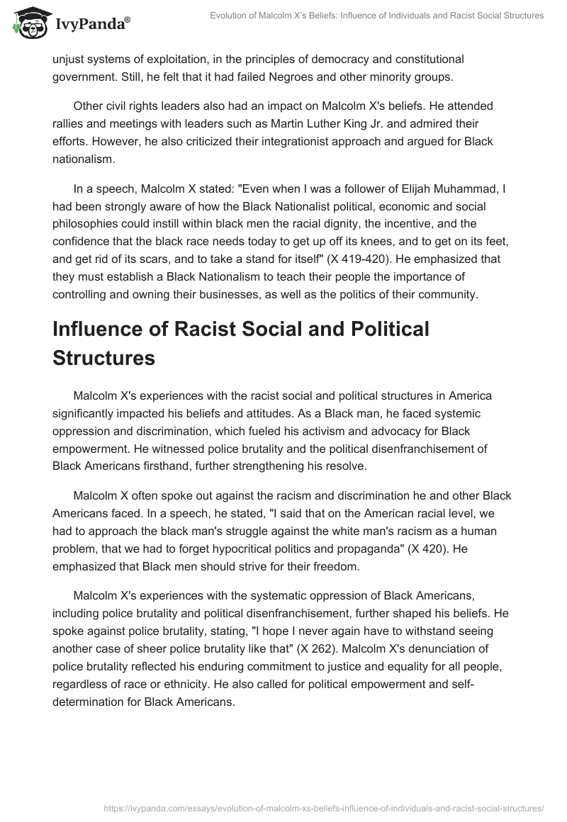 Evolution of Malcolm X’s Beliefs: Influence of Individuals and Racist Social Structures. Page 2