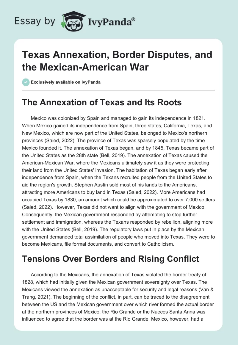 Texas Annexation, Border Disputes, and the Mexican-American War. Page 1