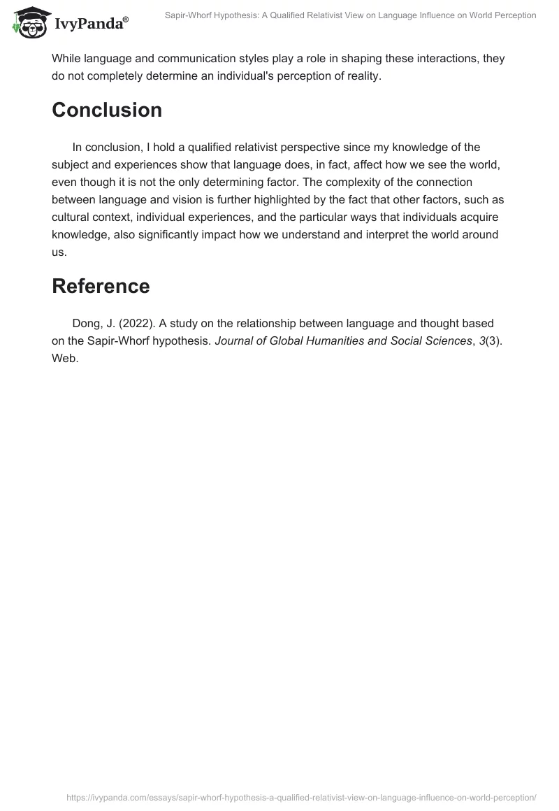 Sapir-Whorf Hypothesis: A Qualified Relativist View on Language Influence on World Perception. Page 2