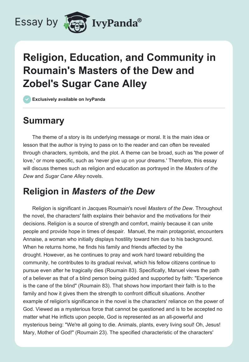 Religion, Education, and Community in Roumain's Masters of the Dew and Zobel's Sugar Cane Alley. Page 1