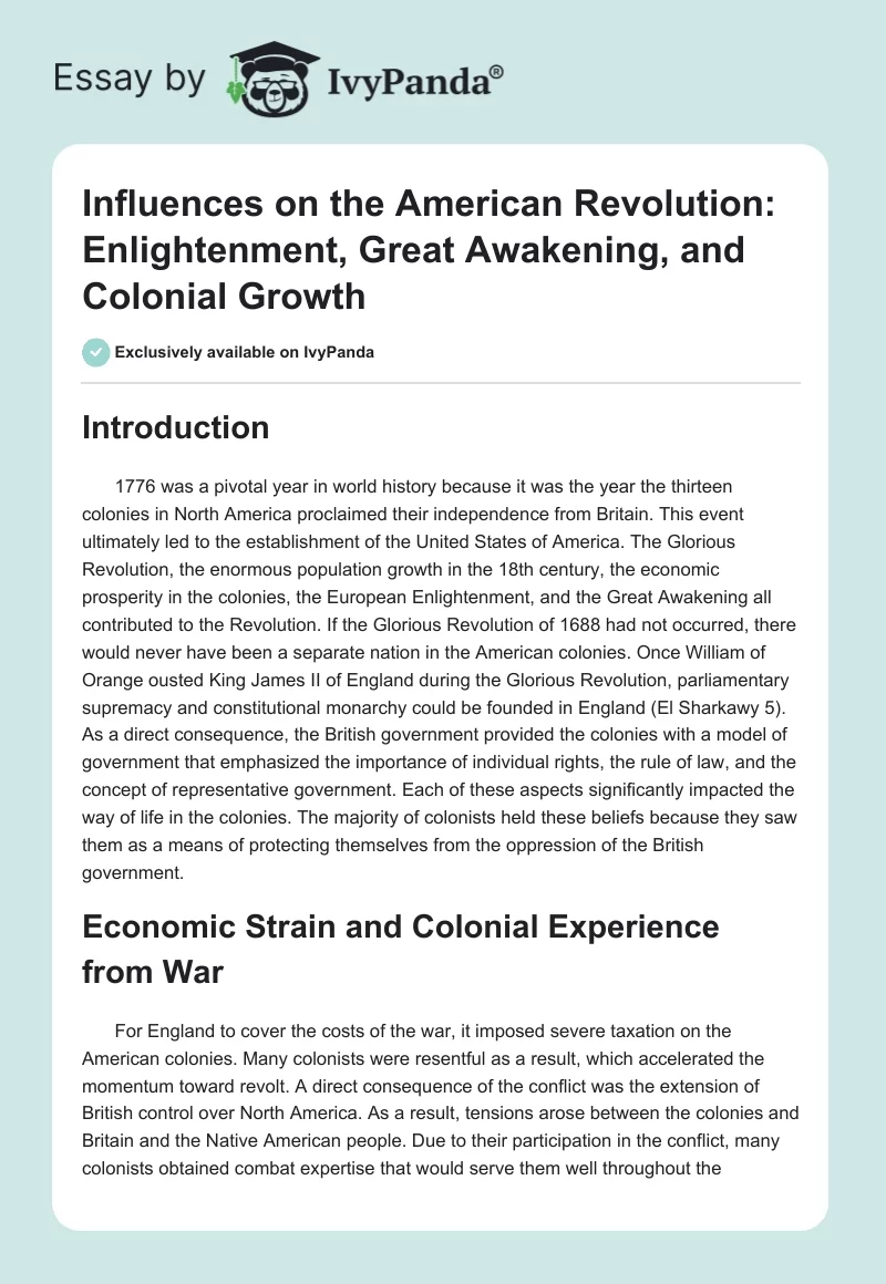 Influences on the American Revolution: Enlightenment, Great Awakening, and Colonial Growth. Page 1