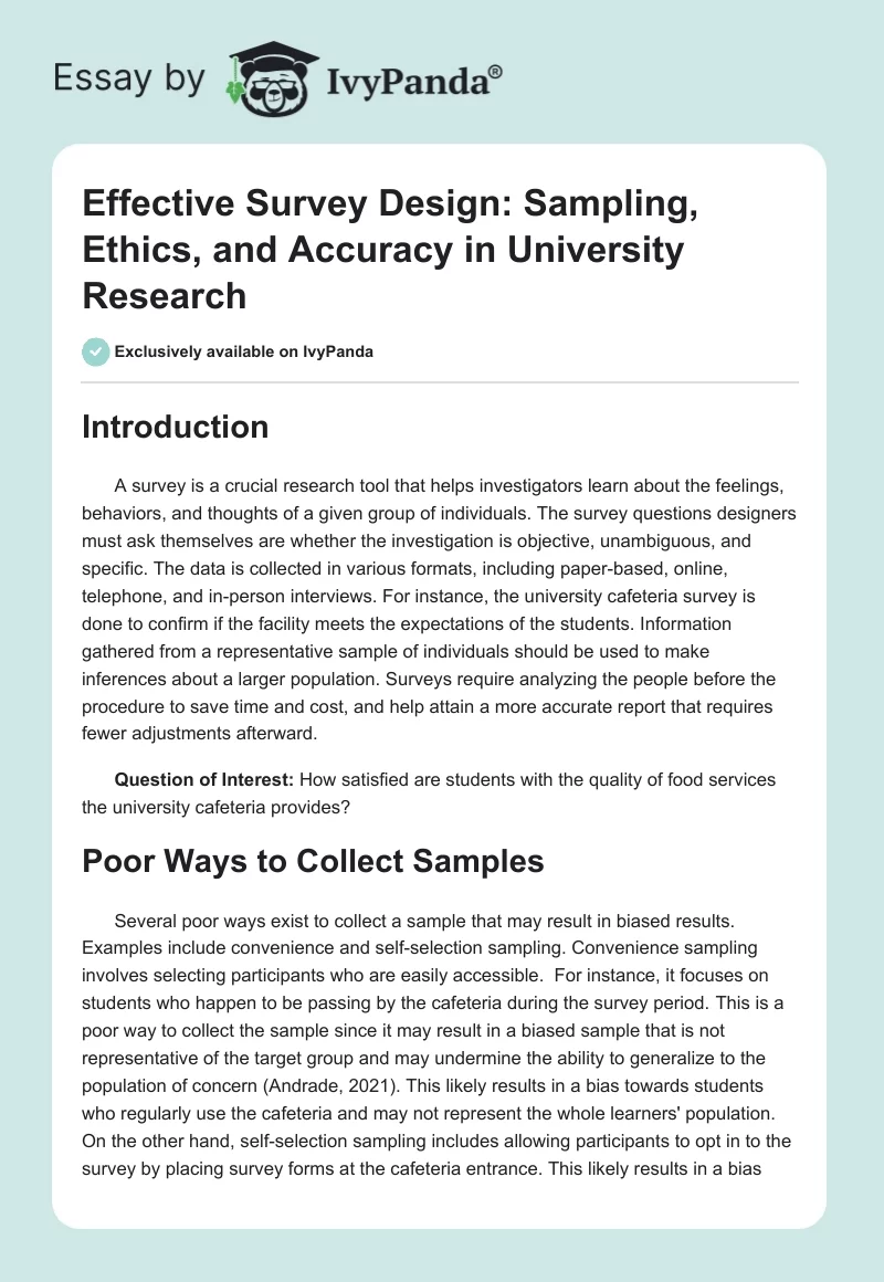 Effective Survey Design: Sampling, Ethics, and Accuracy in University Research. Page 1