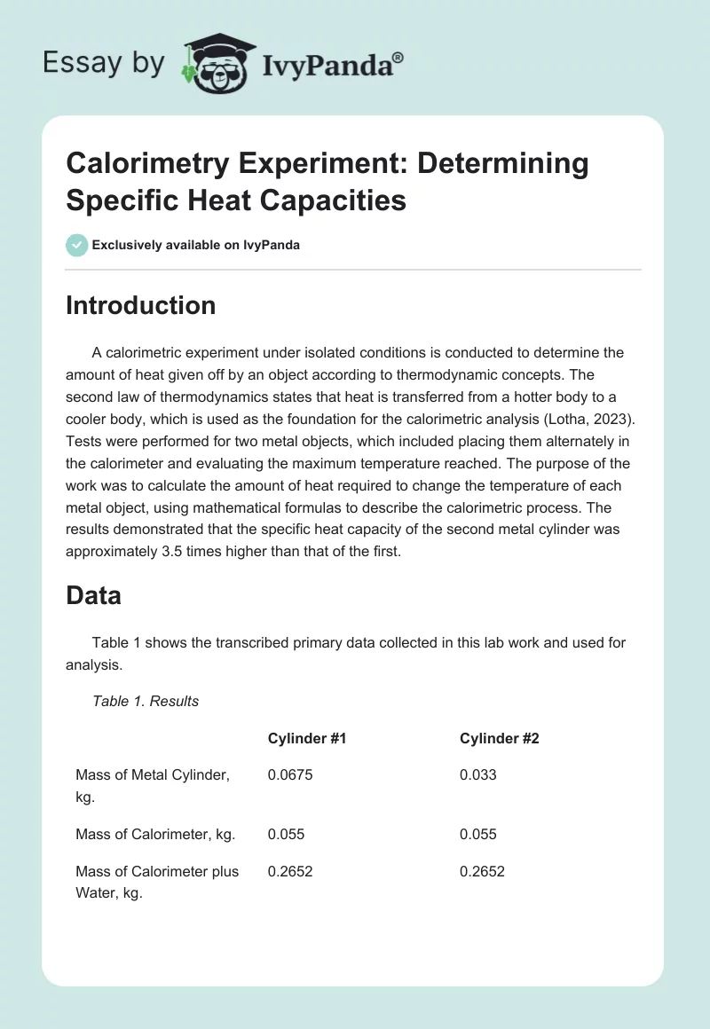 Calorimetry Experiment: Determining Specific Heat Capacities. Page 1