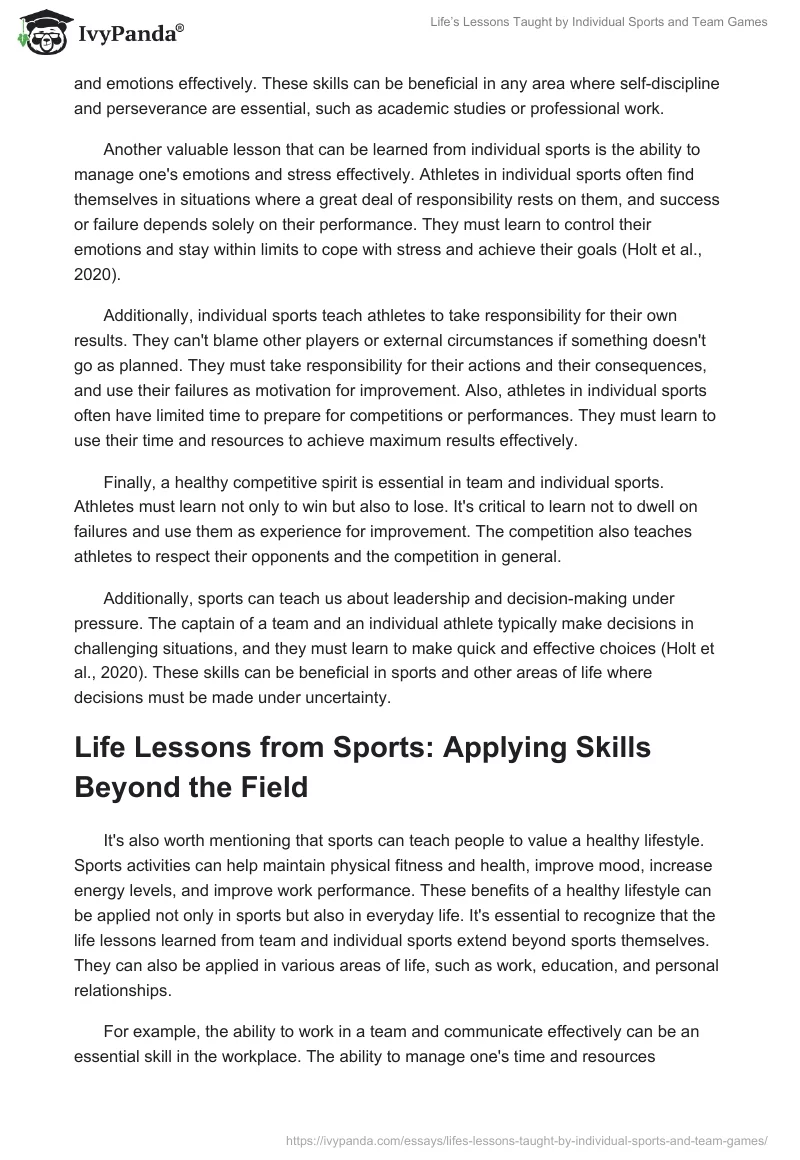 Life’s Lessons Taught by Individual Sports and Team Games. Page 2