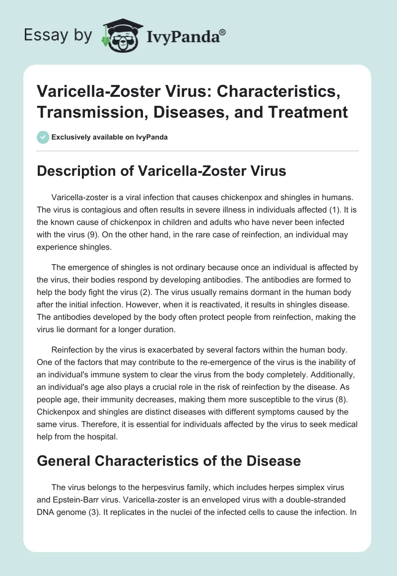 Varicella-Zoster Virus: Characteristics, Transmission, Diseases, and Treatment. Page 1