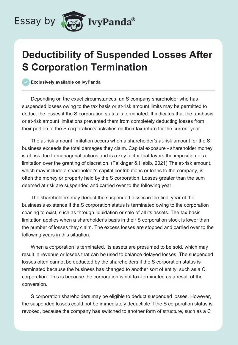 Deductibility of Suspended Losses After S Corporation Termination. Page 1